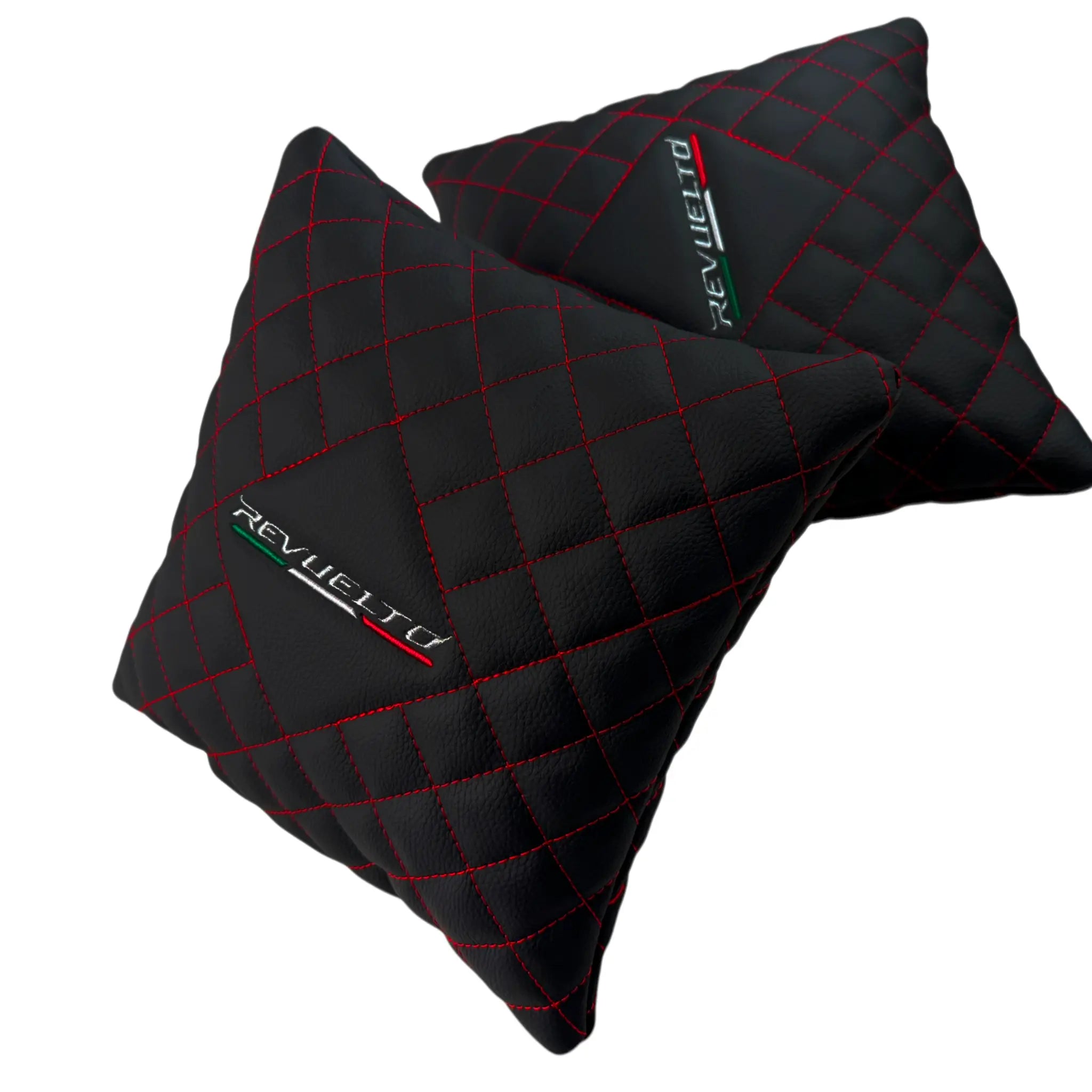 Black Leather Pillows for Lamborghini Revuelto Set of 2 | Red Sewing