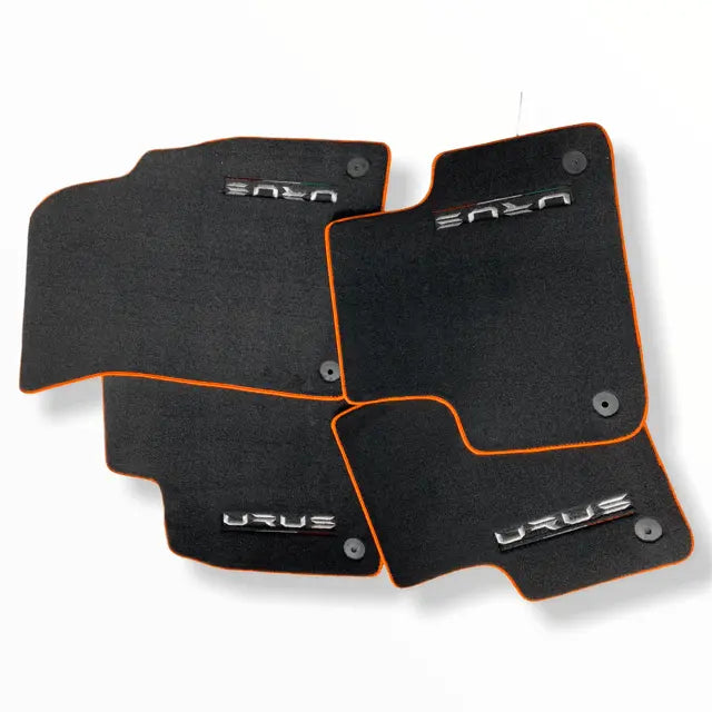 Floor Mats For Lamborghini Urus Black Tailored With Orange Rounds Carpets - AutoWin