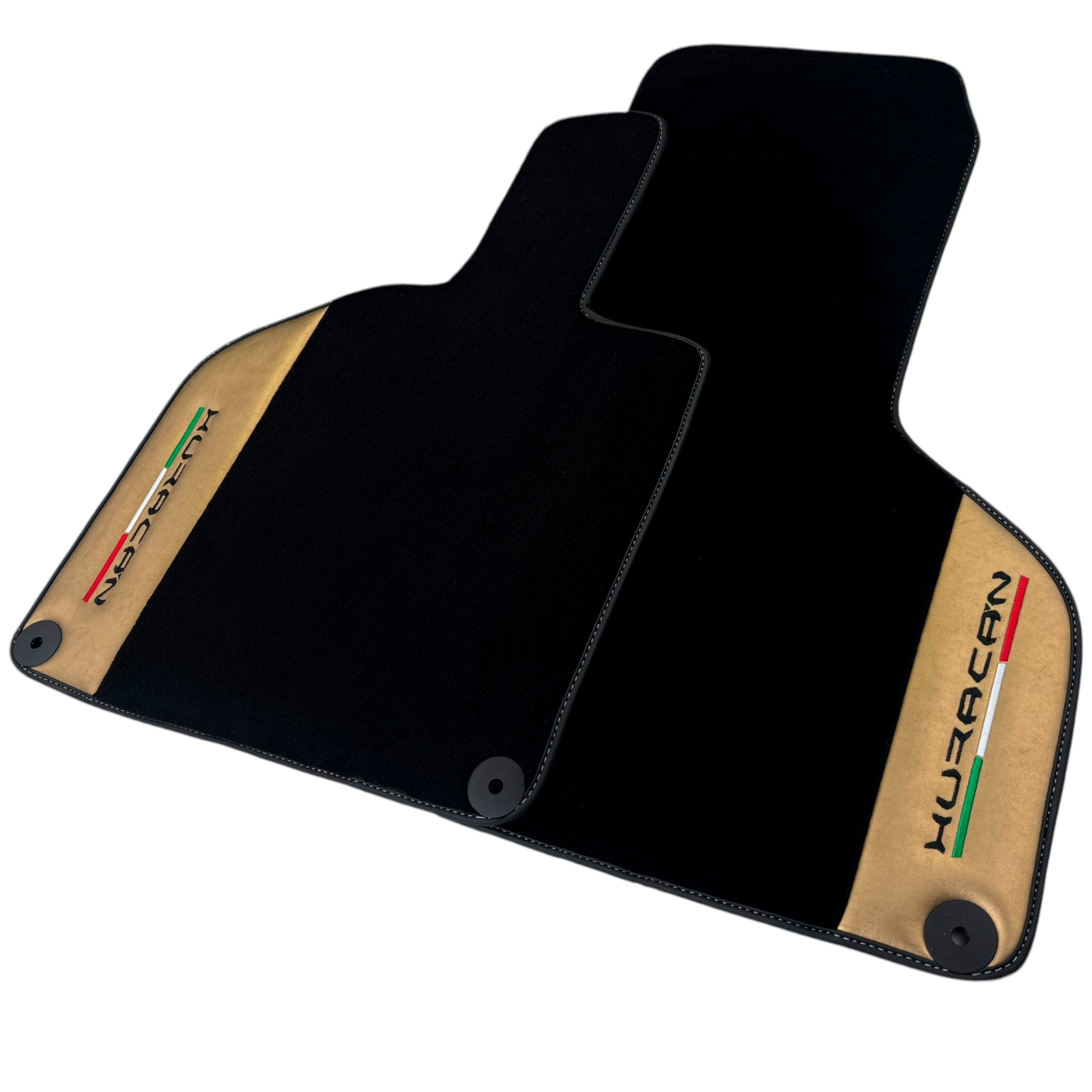 Italian Edition Black Floor Mats for Lamborghini Huracan (2014-2023) with Gold Leather Border