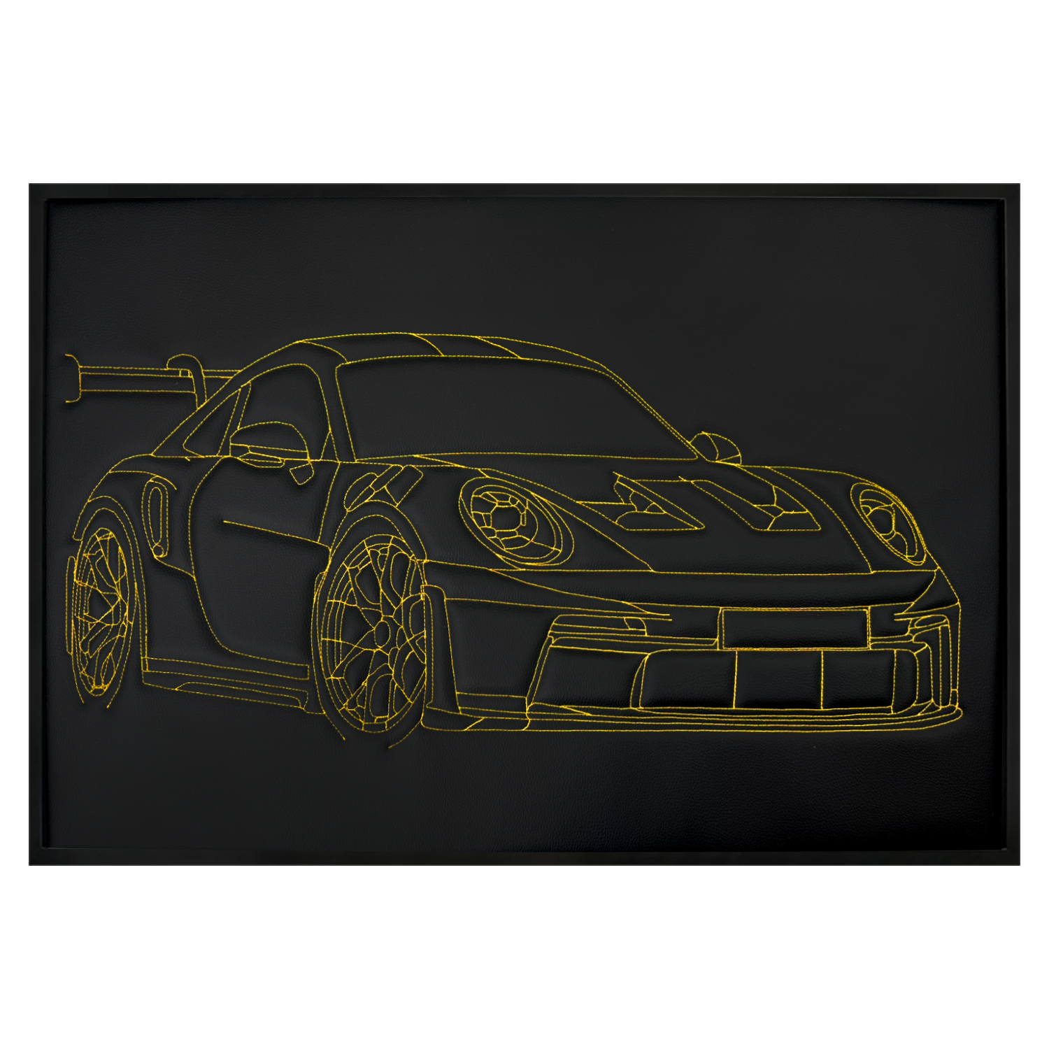 Black Leather Automotive Inspired Wall Art: Embroidered Yellow Stitch